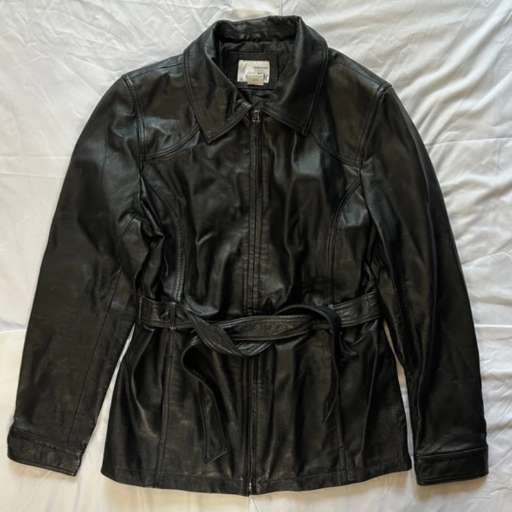 East 5th Black Genuine Leather Full-Zip Belted Jacket Women’s Size M